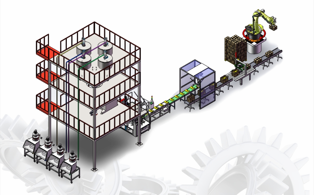 自動稱重配料、攪拌混合、包裝碼垛生產線